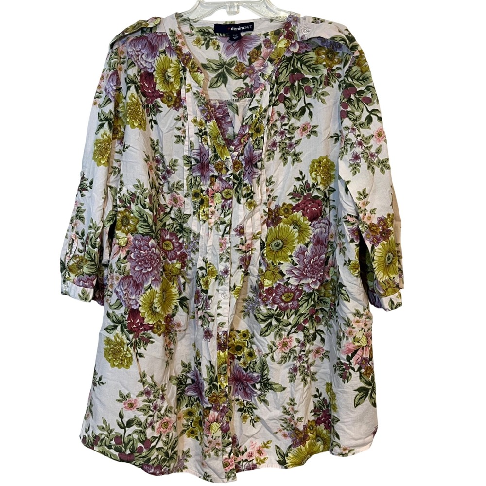 denim 24/7 shirt popover blouse pink purple green floral cotton Plus size 28W